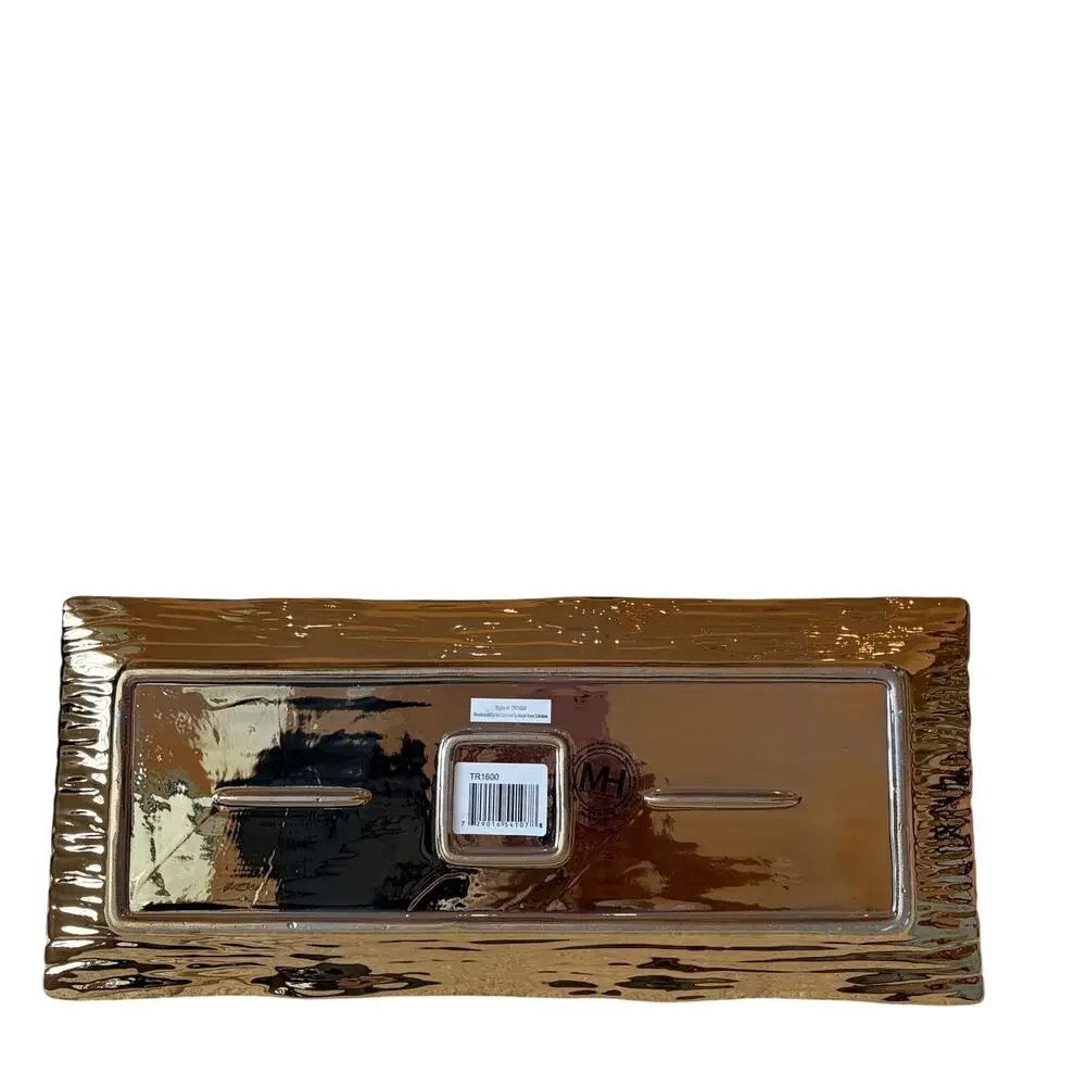 Gorgeous Gold Enameled Rectangular Serving Tray 16x7 Textured Ceramic Glam NEW